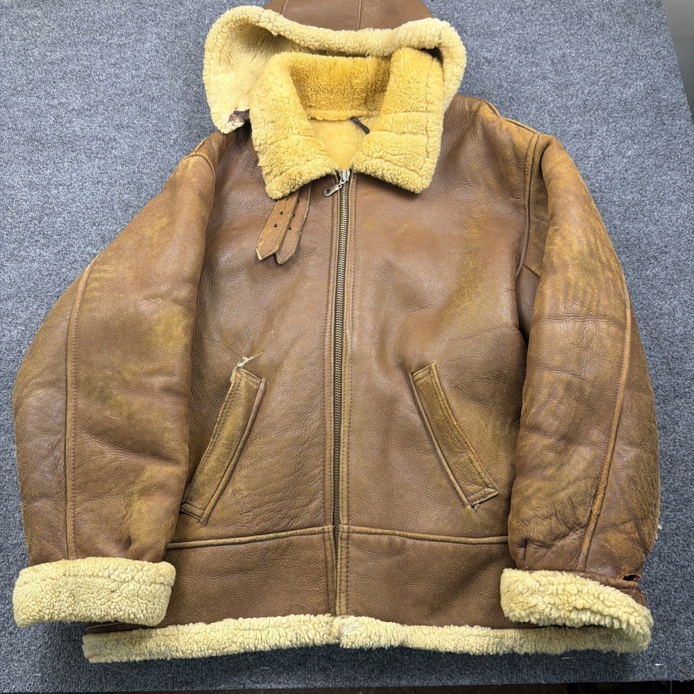 Vintage Distressed Shearling B-3 Bomber Jacket Brown Leather Flight Coat Mens